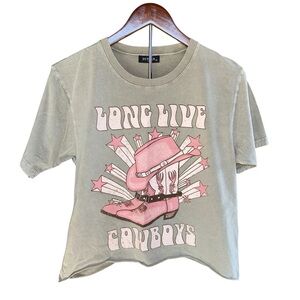 Zutter Long Live Cowboys Cropped Grey Graphic Tee Pink Hat Size Medium